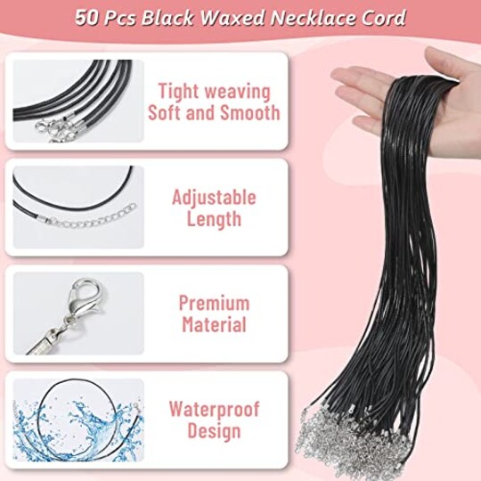 50 Pieces Necklace Cord, Black Necklace String Rope with Clasp, 24 Inch Black Waxed Cotton Cord Necklace Bulk for Charms Pendants, Bracelets, Necklaces, Jewelry Making Supplies and Beading Supplies